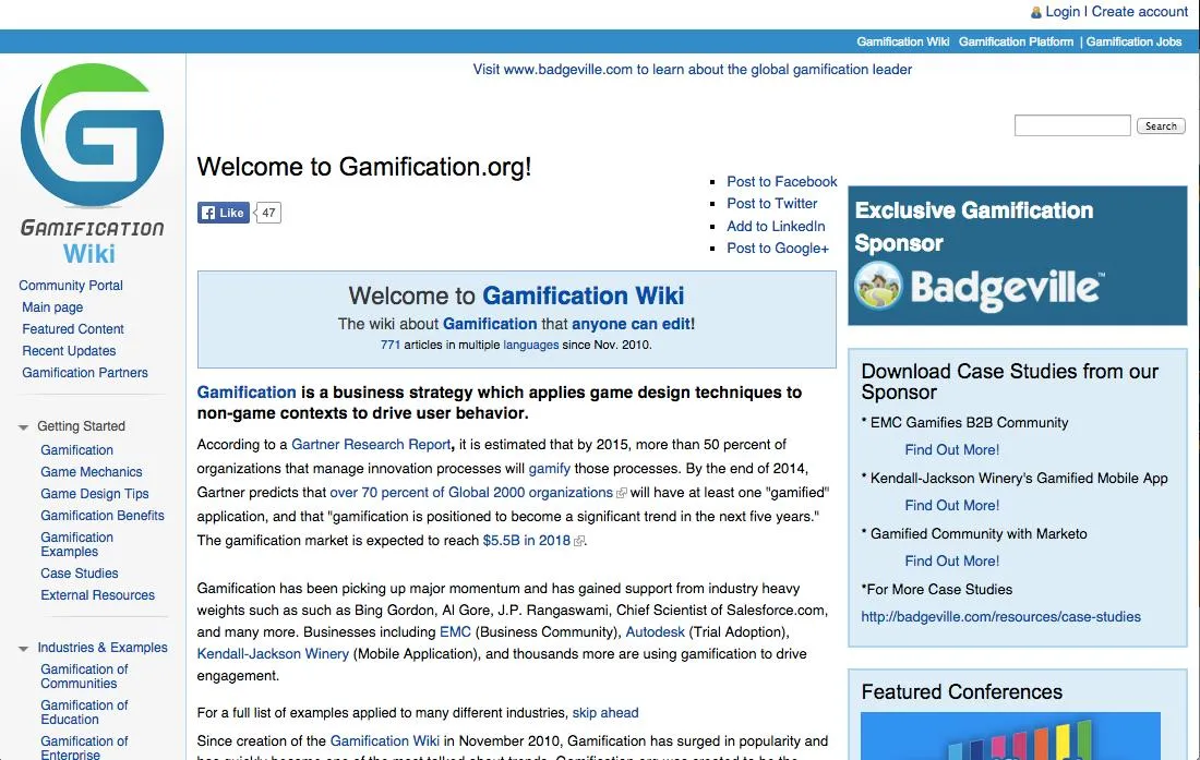 Screenshot of the Gamification.org wiki home page
