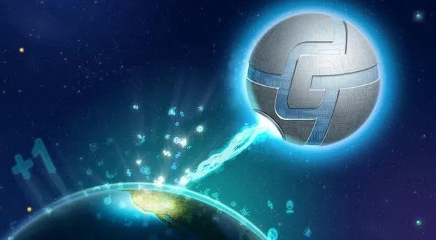 Gamify artwork: a metal sphere marked with a G beams game icons down onto the Earth