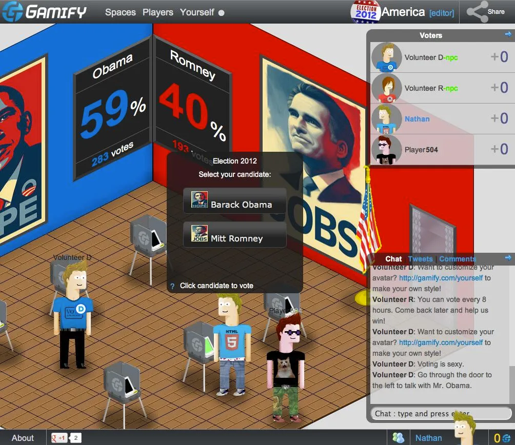 Screenshot of Gamify the Vote, a virtual polling place with avatars