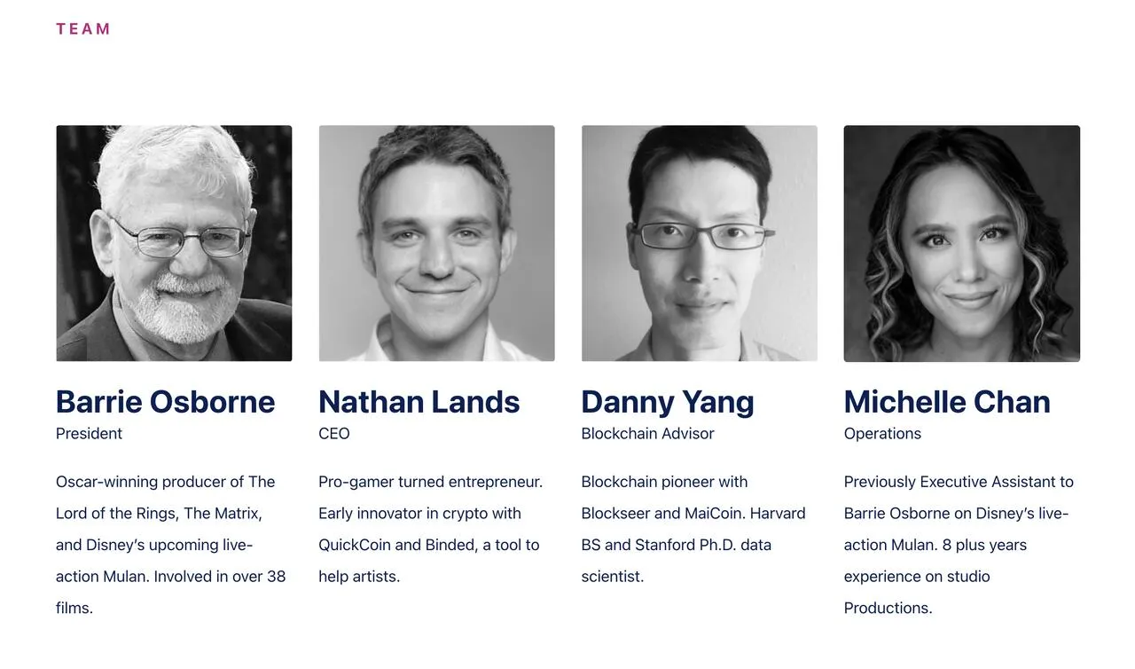 The Lore Pictures team page, with Barrie Osborne as president and Nathan Lands as CEO