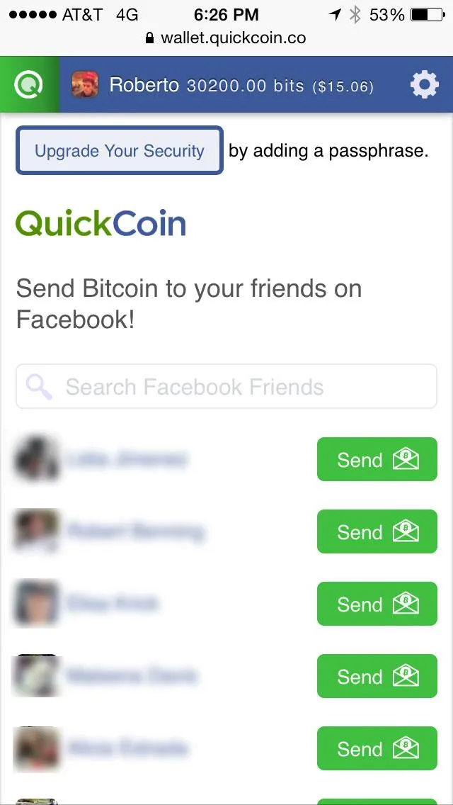The QuickCoin wallet on a phone: send Bitcoin to your friends on Facebook